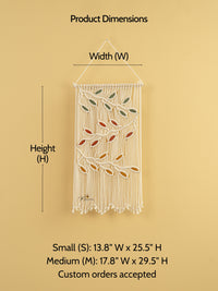 Macrame wall hanging with dimensions labeled on a beige background