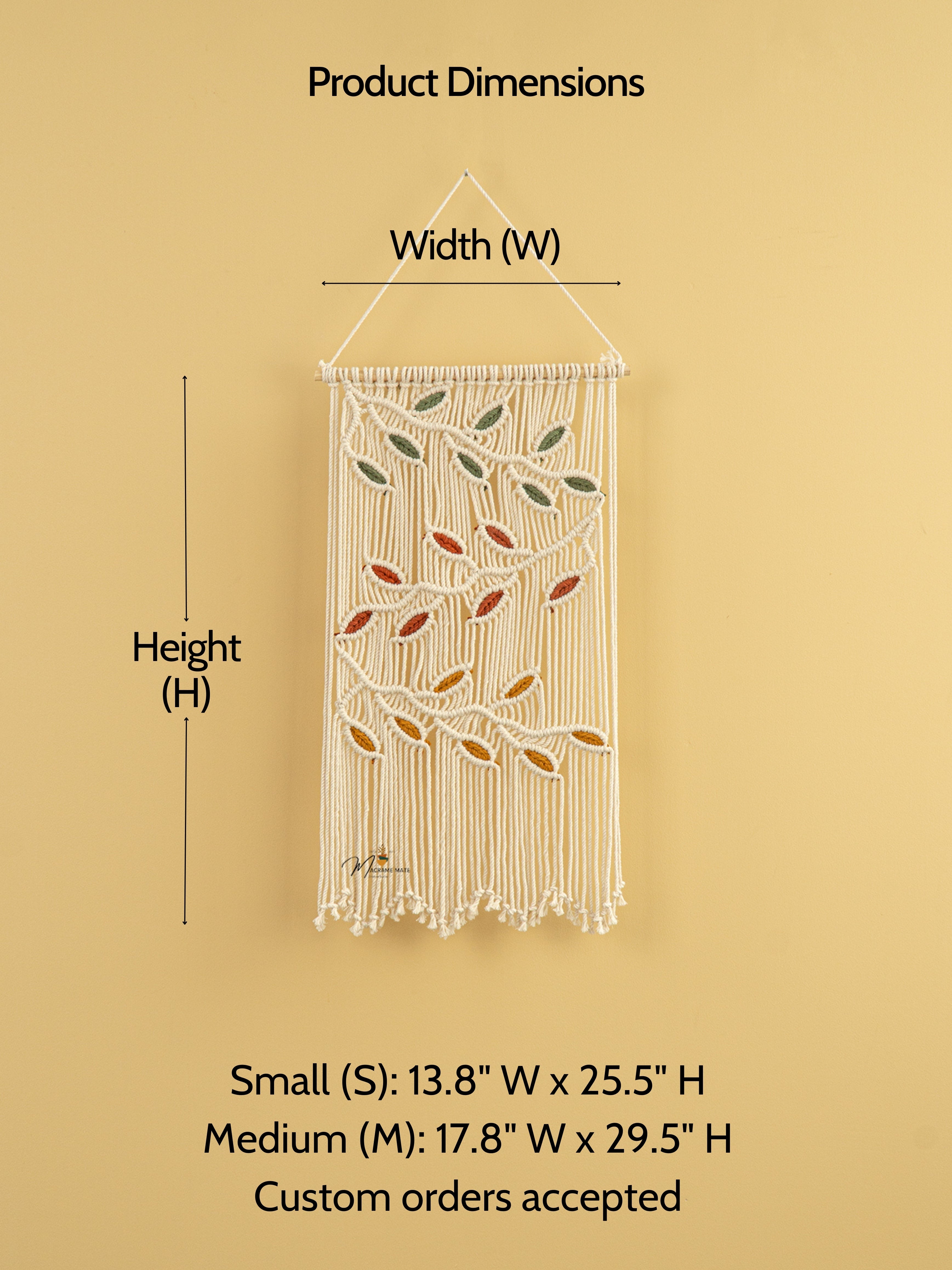 Macrame wall hanging with dimensions labeled on a beige background