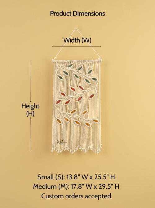 Macrame wall hanging with dimensions labeled on a beige background