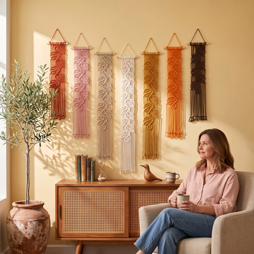 A woman sits in a light beige armchair holding a mug, with a warm yellow wall behind her featuring six hanging macrame wall hangings in orange, pink, cream, mustard, and dark brown. A wooden cabinet, books, and a potted plant are visible in the room.