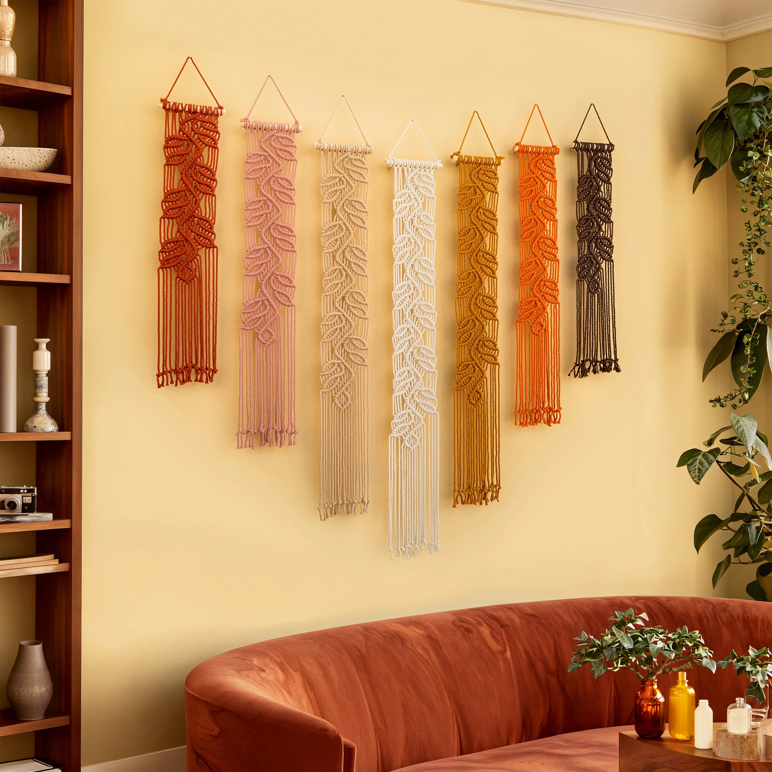 Dusty Pink & Terracotta Macrame Wall Hanging, Warm Earth Tone Leaf Vine Fiber Art, Narrow Boho Wall Decor