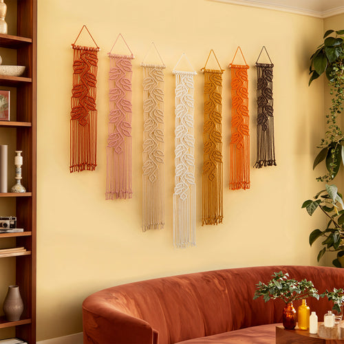 Dusty Pink & Terracotta Macrame Wall Hanging, Warm Earth Tone Leaf Vine Fiber Art, Narrow Boho Wall Decor