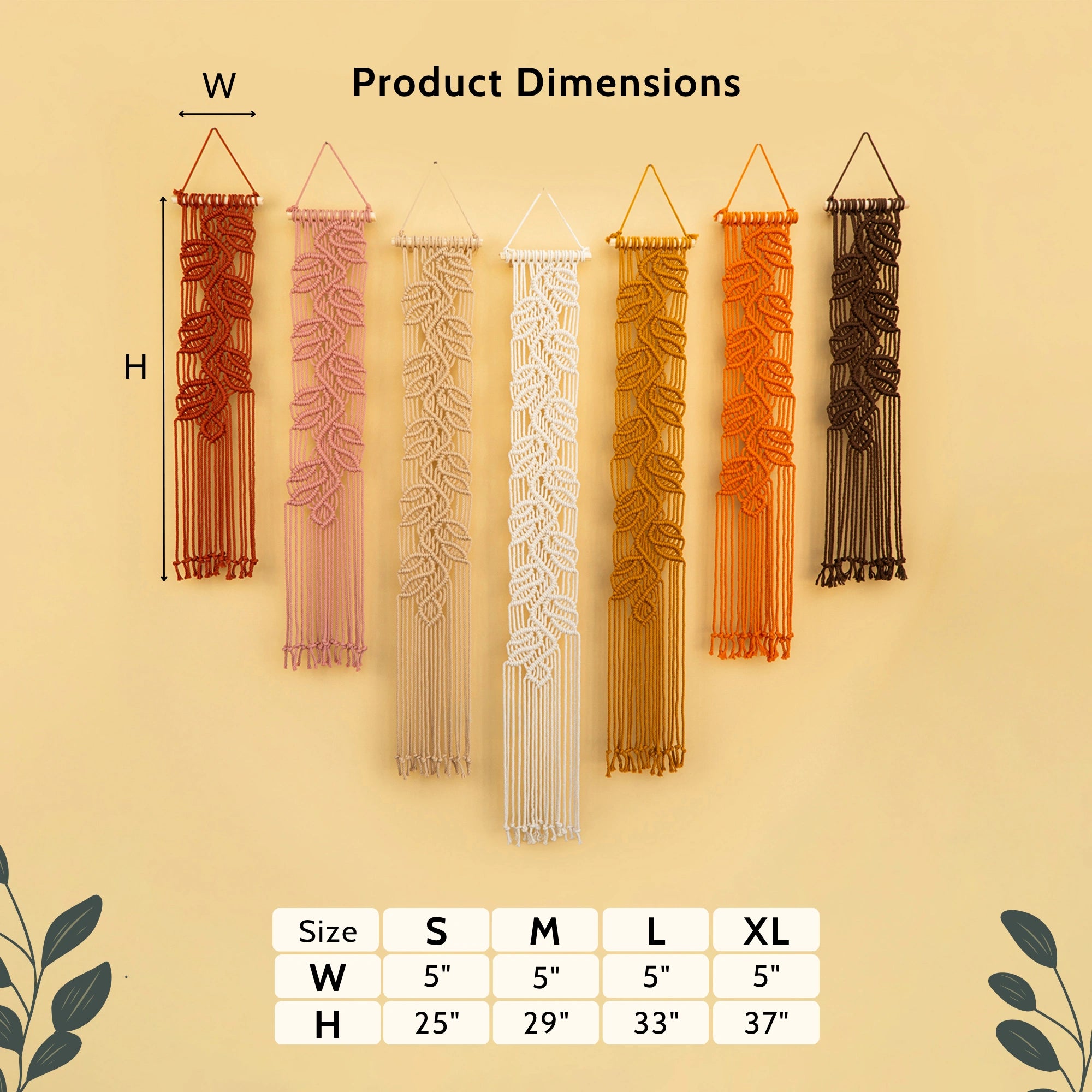 Product dimensions chart showing six macrame wall hangings in different colors (red, pink, white, mustard yellow, orange, and brown) against a beige background, with a size table at the bottom.