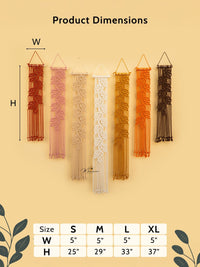 Product dimensions chart with decorative wall hangings on a beige background