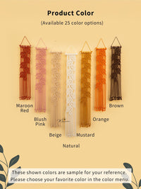 Color swatches of maroon, blush pink, beige, mustard, orange, and brown with labels on a beige background.