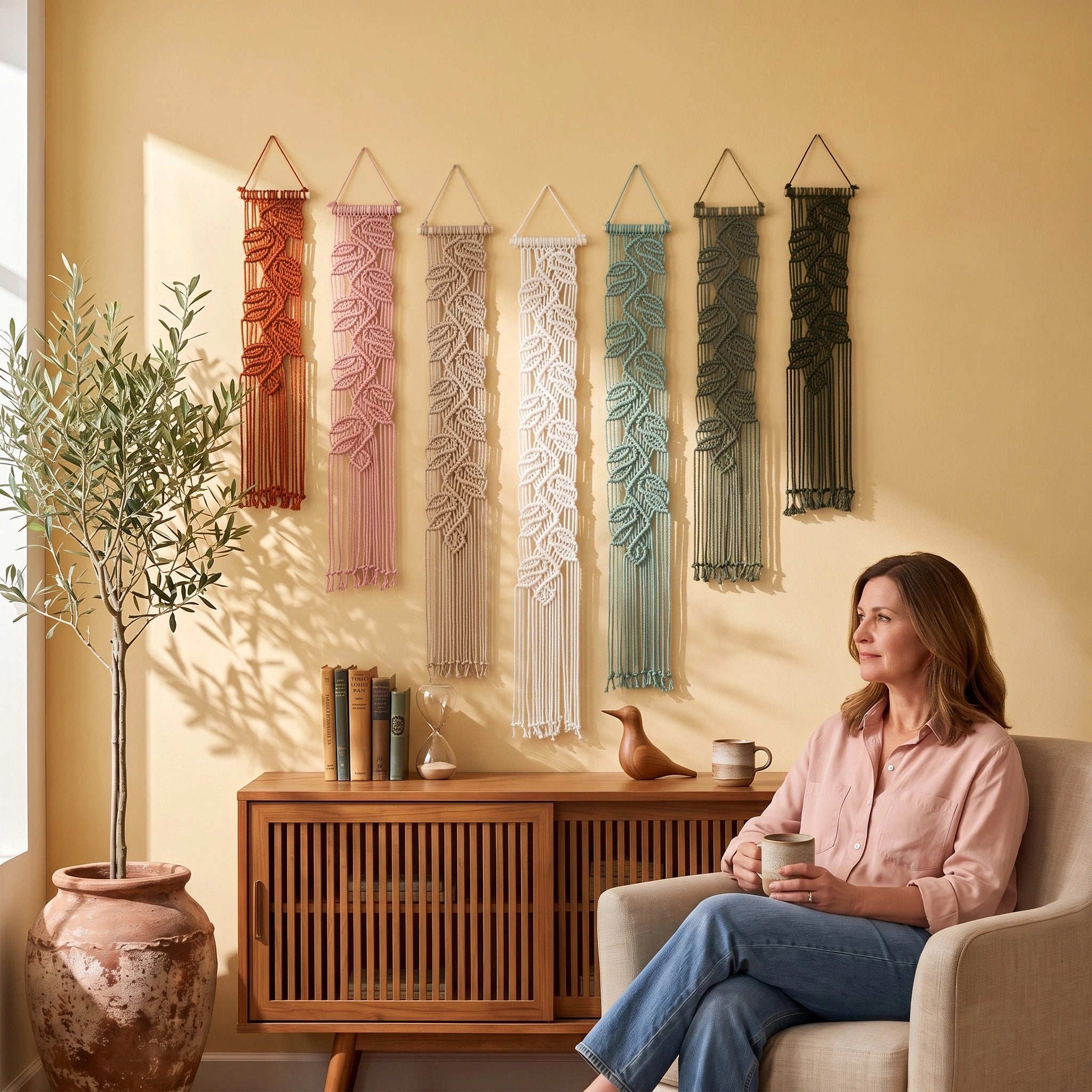 A woman sits in a beige armchair holding a mug in a warm, styled room, with six colorful macrame wall hangings displayed on a yellow wall above a wooden cabinet.