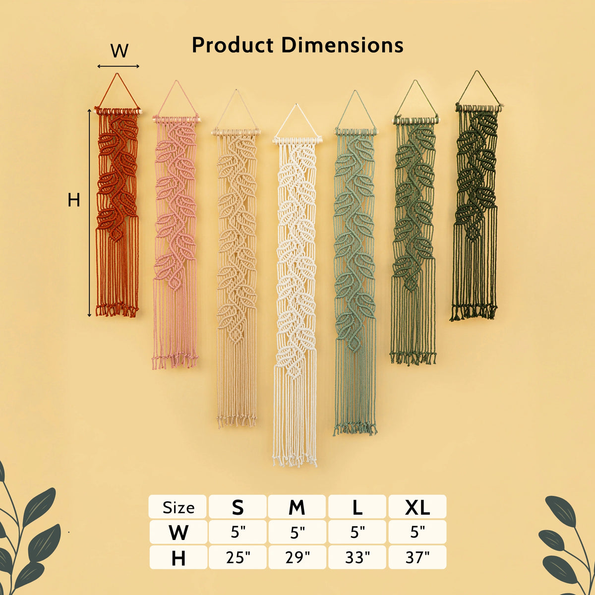 Product dimensions chart showing six knotted macrame wall hangings in rust, pink, cream, sage green, and olive green on a beige background, with size and height labels and a size table at the bottom.