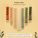 A product color selection graphic showing six woven macrame wall hangings in different colors: Maroon Red, Blush Pink, Beige, Natural, Sage Green, and Dark Green, with text stating 'Product Color (Available 25 color options)'.