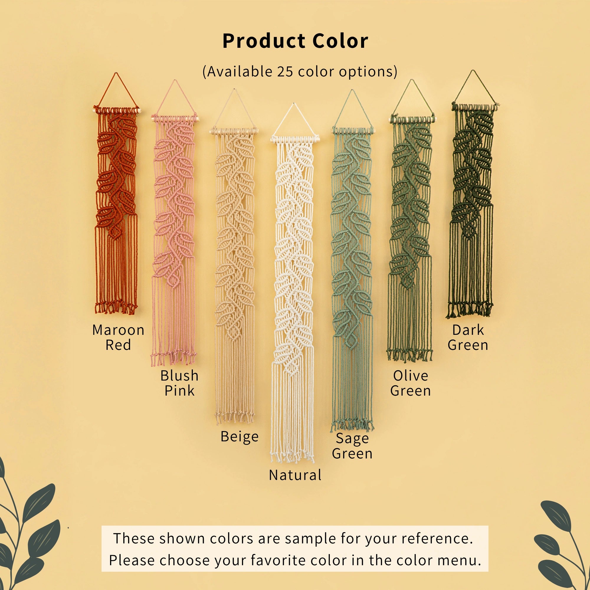 A product color selection graphic showing six woven macrame wall hangings in different colors: Maroon Red, Blush Pink, Beige, Natural, Sage Green, and Dark Green, with text stating 'Product Color (Available 25 color options)'.
