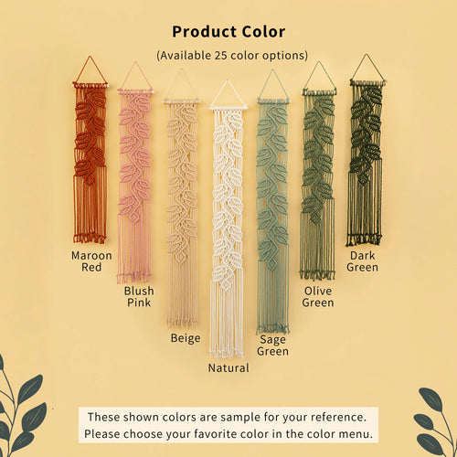 A product color selection graphic showing six woven macrame wall hangings in different colors: Maroon Red, Blush Pink, Beige, Natural, Sage Green, and Dark Green, with text stating 'Product Color (Available 25 color options)'.