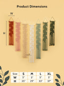 Product dimensions chart for wall hangings with leaf patterns on a beige background.