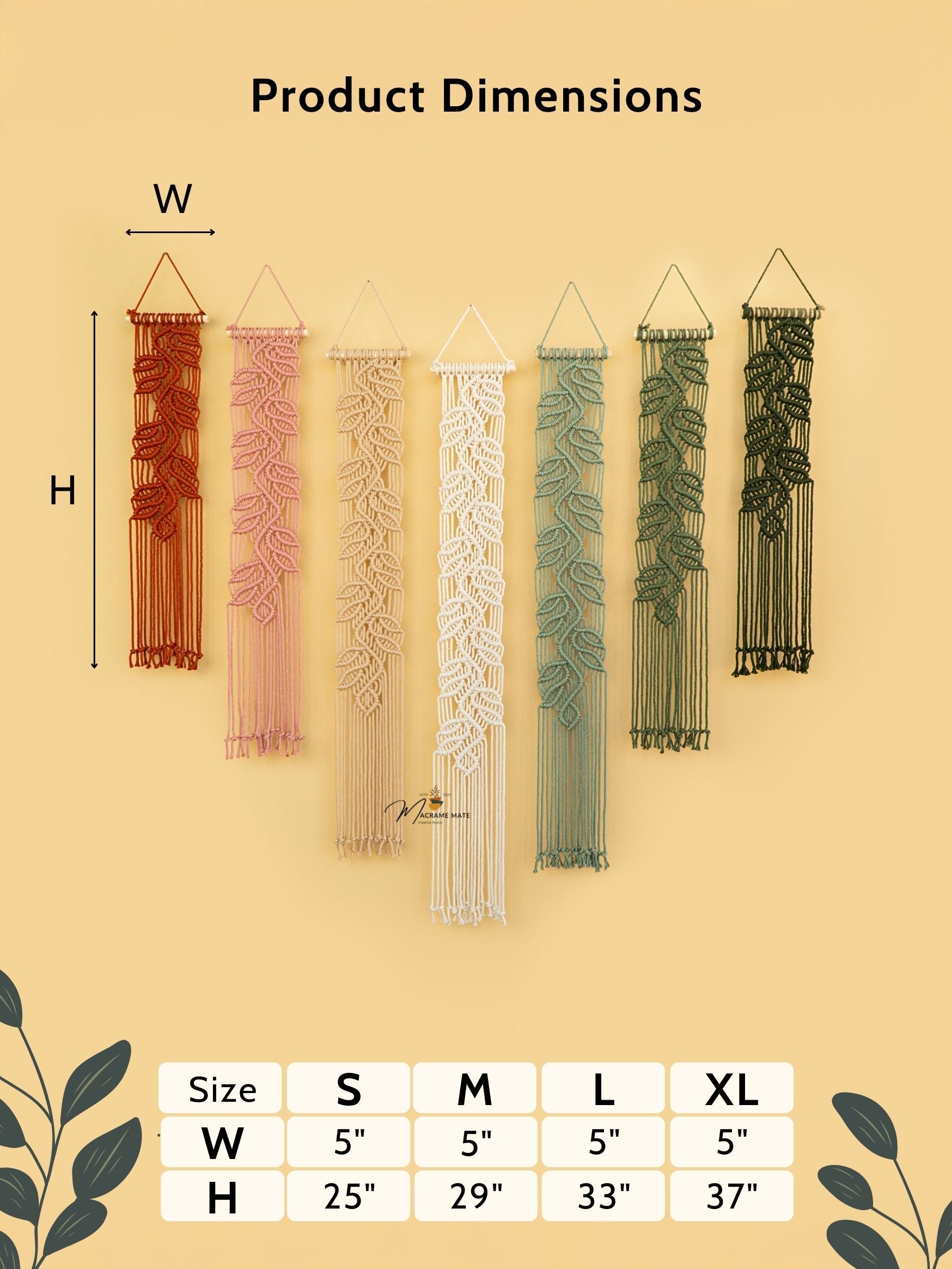 Product dimensions chart for wall hangings with leaf patterns on a beige background.