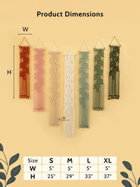 Product dimensions chart for wall hangings with leaf patterns on a beige background.