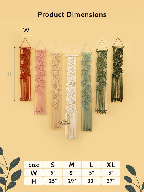 Product dimensions chart for wall hangings with leaf patterns on a beige background.