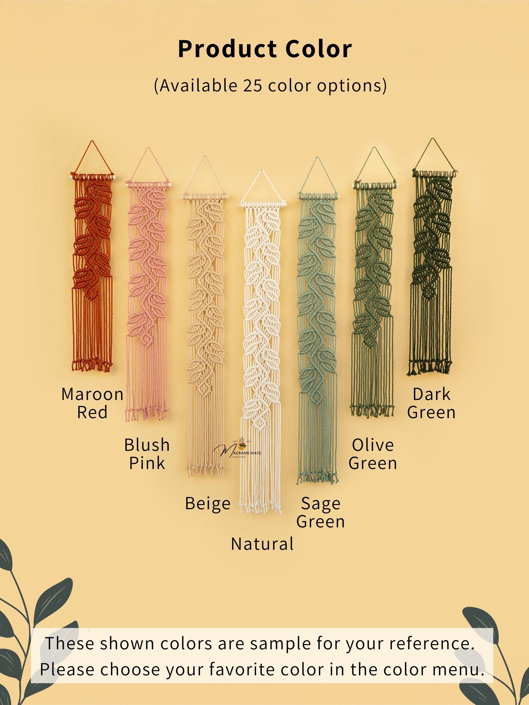 Color swatches for a decorative wall hanging with text indicating color options.