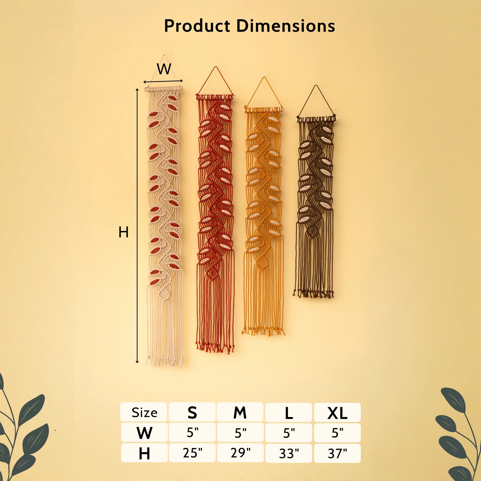 Product dimensions chart showing four macrame wall hangings in cream, rust red, mustard yellow, and dark brown, with labeled height and width measurements and a size table for S, M, L, and XL.
