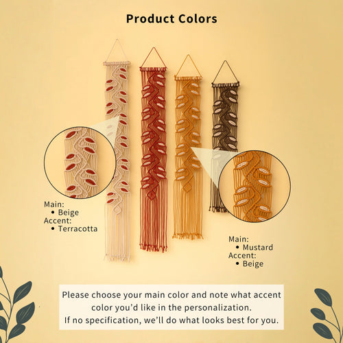 Product colors chart showing four macrame wall hangings in different main thread colors: beige/terracotta, rust red, mustard yellow, and dark brown. Each includes circular close-up callouts of the woven pattern.