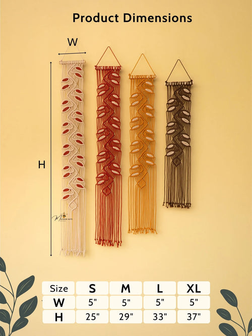 Four wall hangings of different colors with dimensions on a beige background