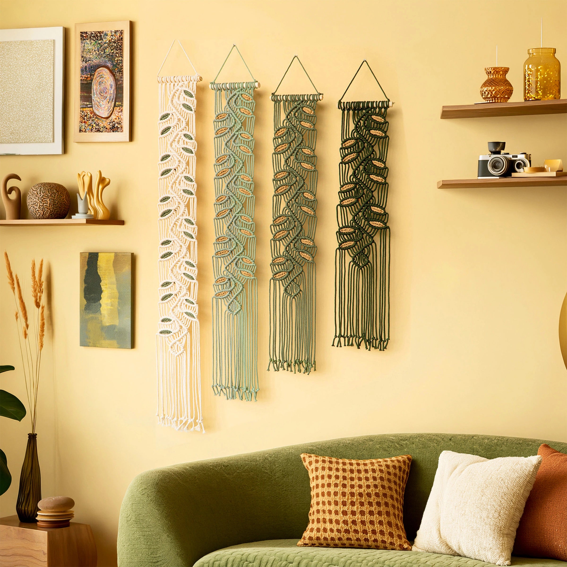 Three woven macrame wall hangings in cream, sage green, and dark green hang on a warm yellow wall above a green sofa with decorative pillows. The room includes shelves with vases and a camera.