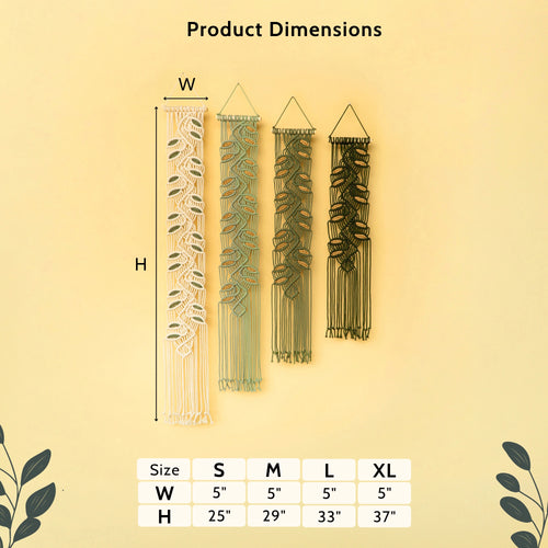 Product dimensions chart showing three macrame wall hangings in cream, sage green, and olive green on a pale yellow background, with labeled width and height measurements and a size table for S, M, L, and XL.