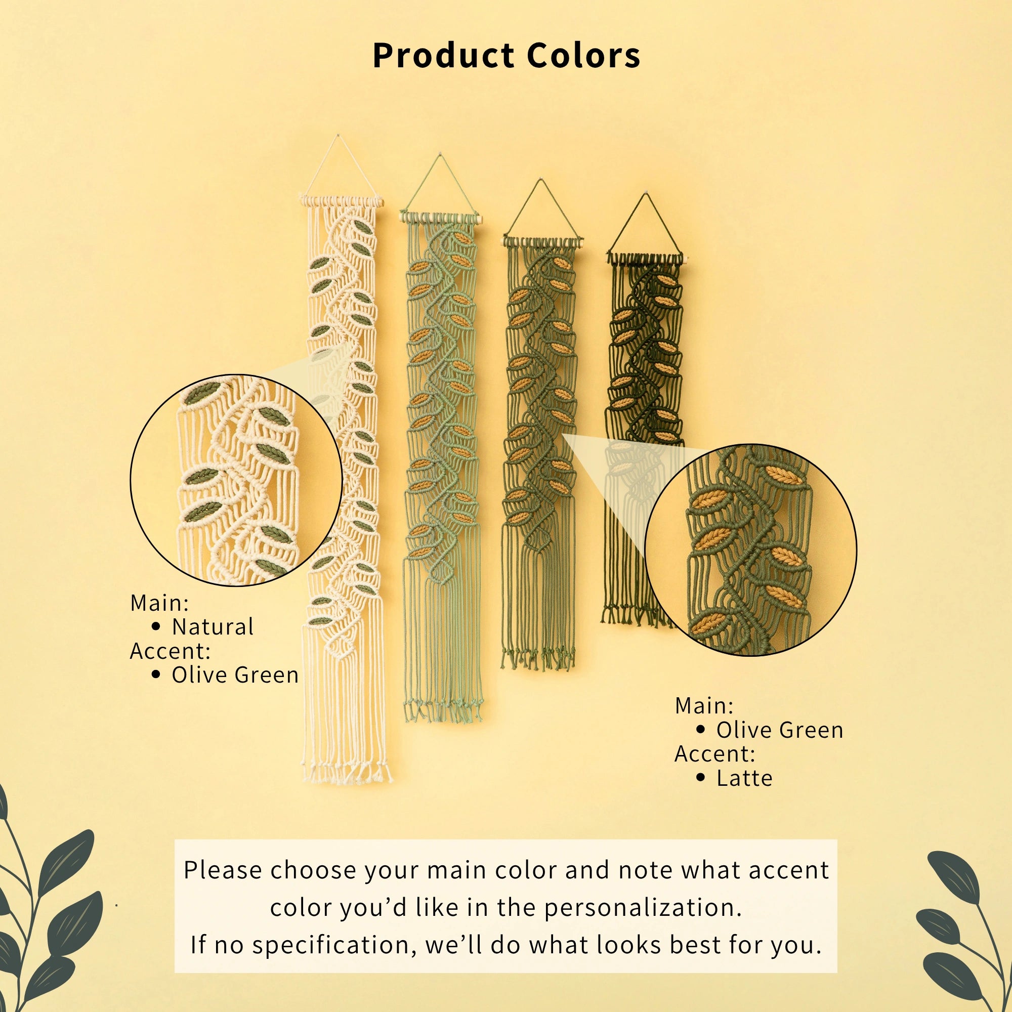 Product colors chart showing four woven wall hangings in different colorways: natural beige with olive green, sage green with olive green, olive green with latte brown, and dark olive green with latte brown. Includes circular detail zoom-ins and text explaining customization options.