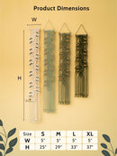 Wall hanging with dimensions and size chart on a beige background