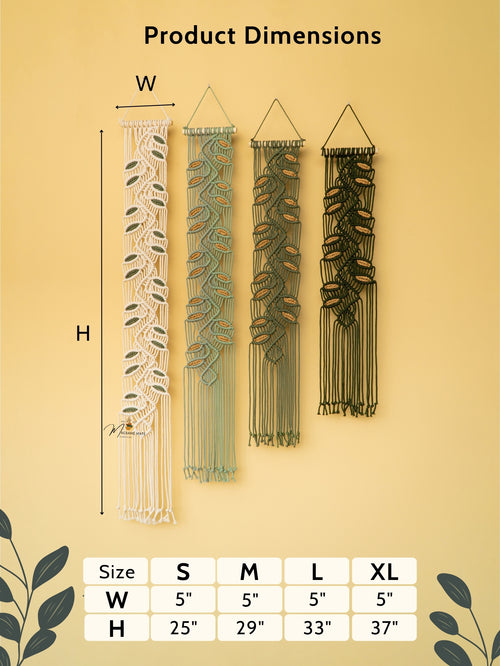 Wall hanging with dimensions and size chart on a beige background
