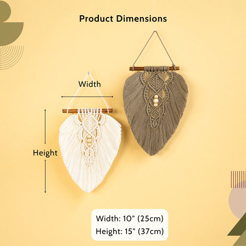 Product dimensions diagram showing two woven wall hangings on a warm beige background. One is white and one is taupe-gray, both with wooden dowels and hanging cords.