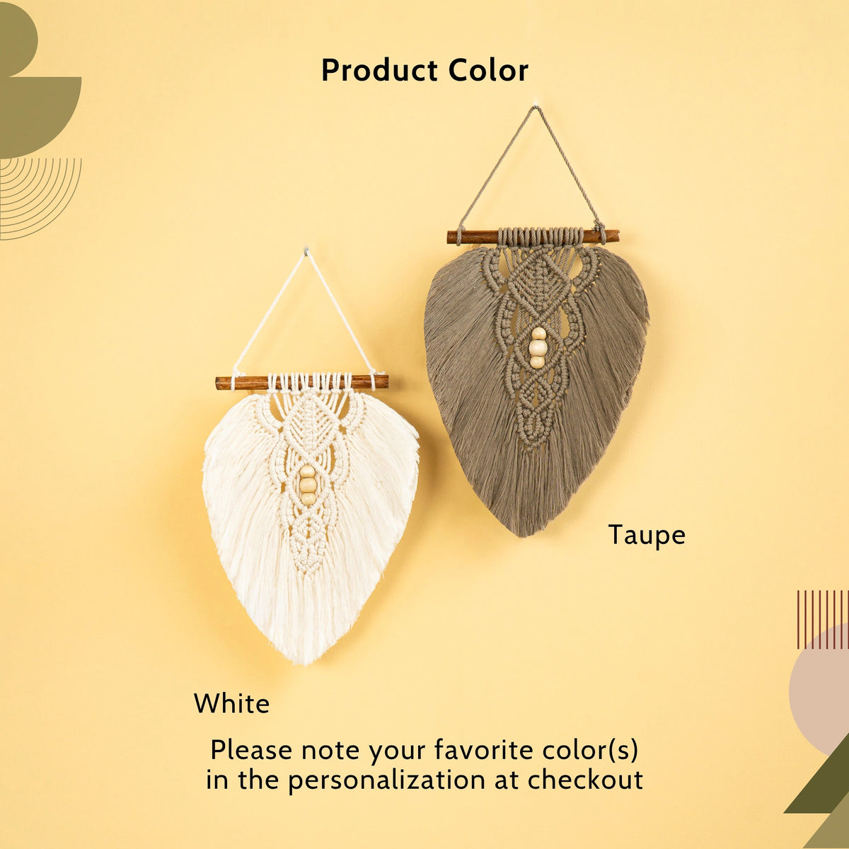 Two woven macrame wall hangings on a warm beige background. The left one is labeled White and is off-white with a geometric woven pattern.