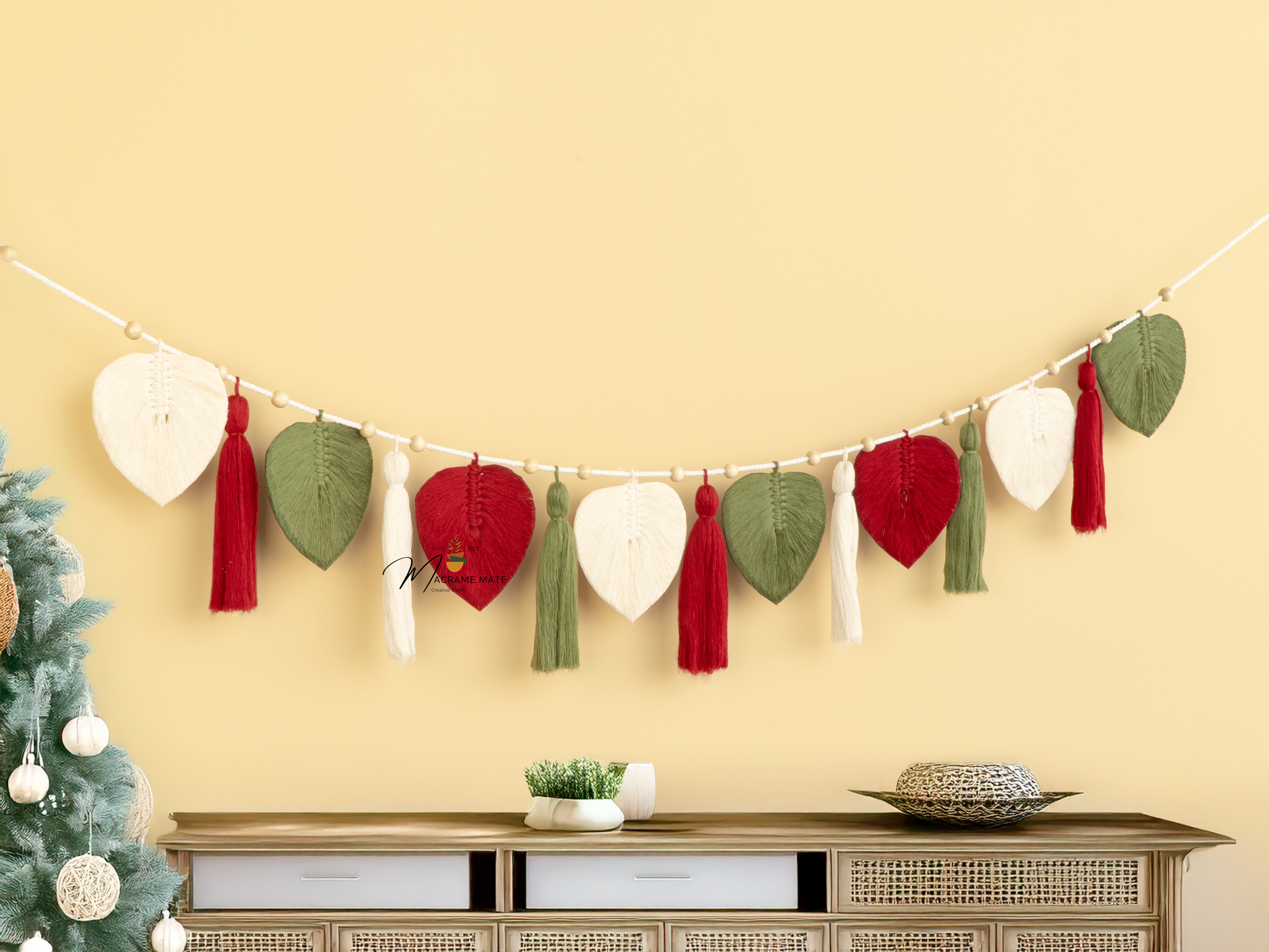 Macrame Leaf Garland Wall Hanging with Tassel Accents