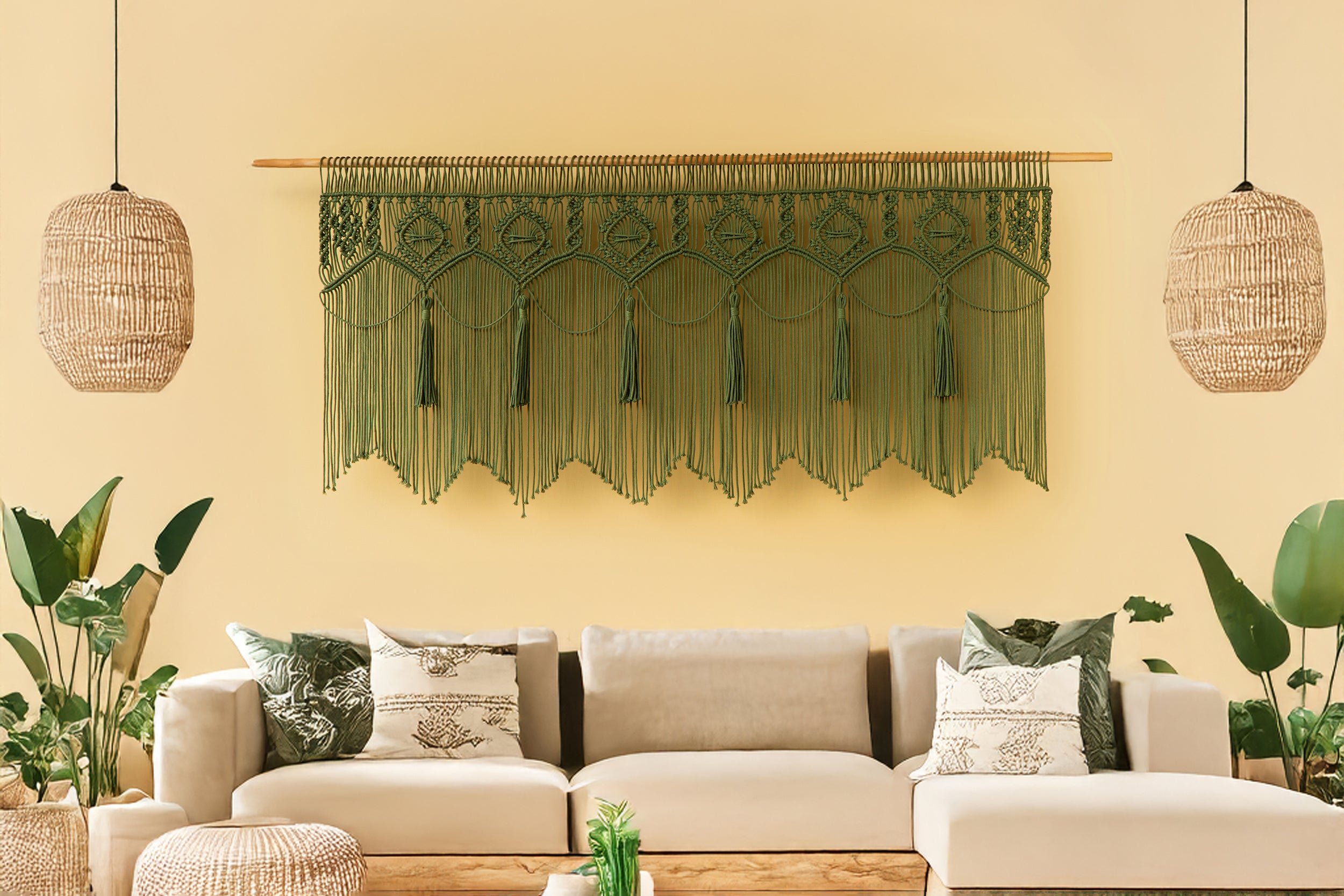 large macrame curtain for boho living room decor