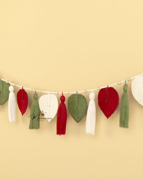 Macrame Leaf Garland Wall Hanging with Tassel Accents